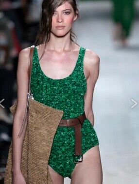 Michael Kors Runway Green Smocked Popcorn Knit One Piece Tank Swimsuit Size 4
